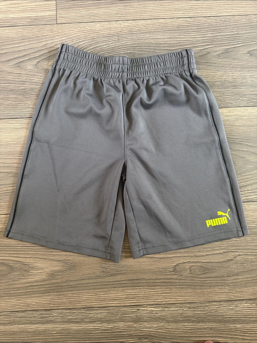 Puma Kids Gray Athletic Shorts with Neon Yellow Logo